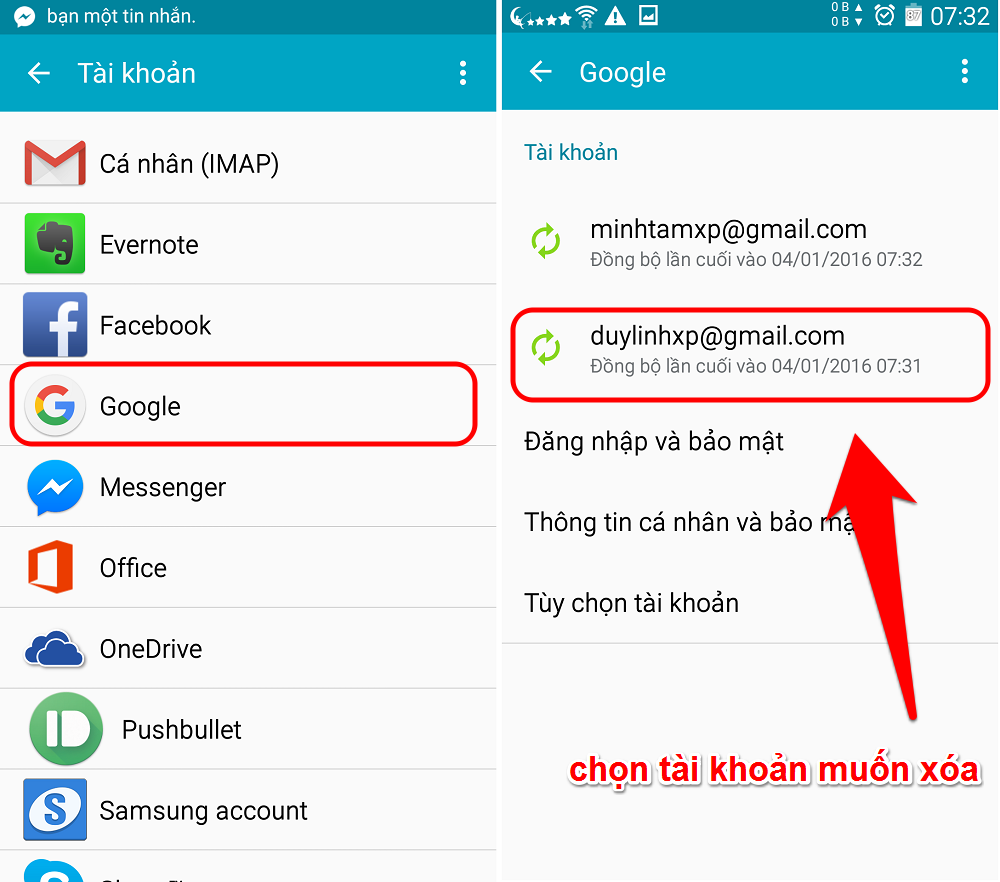 Bạn cũng vào mục Tài khoản trong phần Cài đặt như hướng dẫn bên trên, chọn loại tài khoản và tài khoản mình cần xóa. Bạn cũng vào mục Tài khoản trong phần Cài đặt như hướng dẫn bên trên, chọn loại tài khoản và tài khoản mình cần xóa.