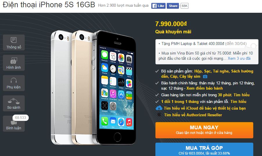 iPhone 5s giảm giá 500 ngàn đồng