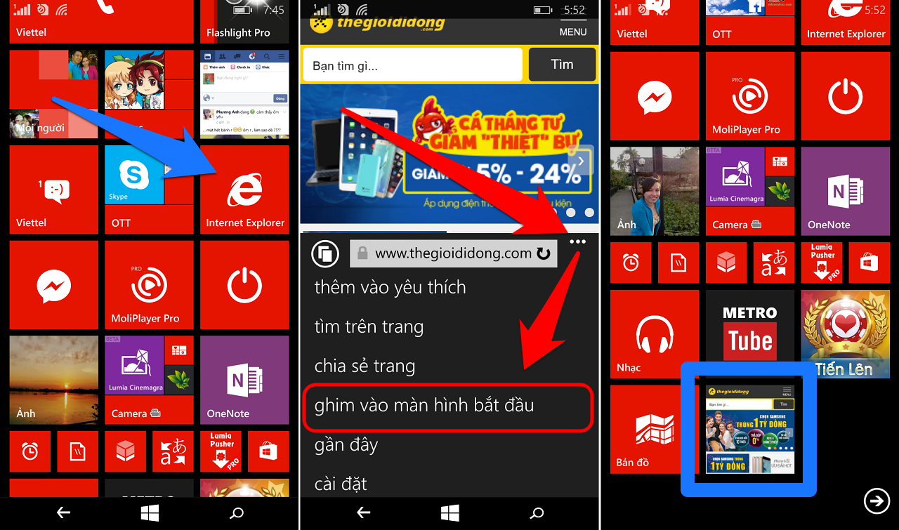 Vào Internet explorer sau đó chạm vào ba chấm góc dưới bên phải và chọn Ghim vào màn hình bắt đầu. Vào Internet explorer sau đó chạm vào ba chấm góc dưới bên phải và chọn Ghim vào màn hình bắt đầu.