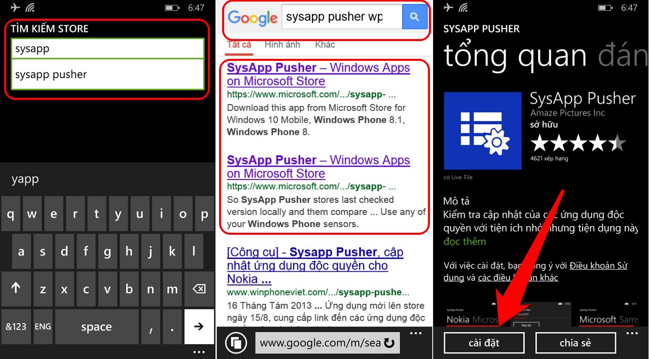 Tải trực tiếp ứng dụng Sysapp pusher, tìm kiếm trong Windows Phone store, tìm kiếm gián tiếp qua google