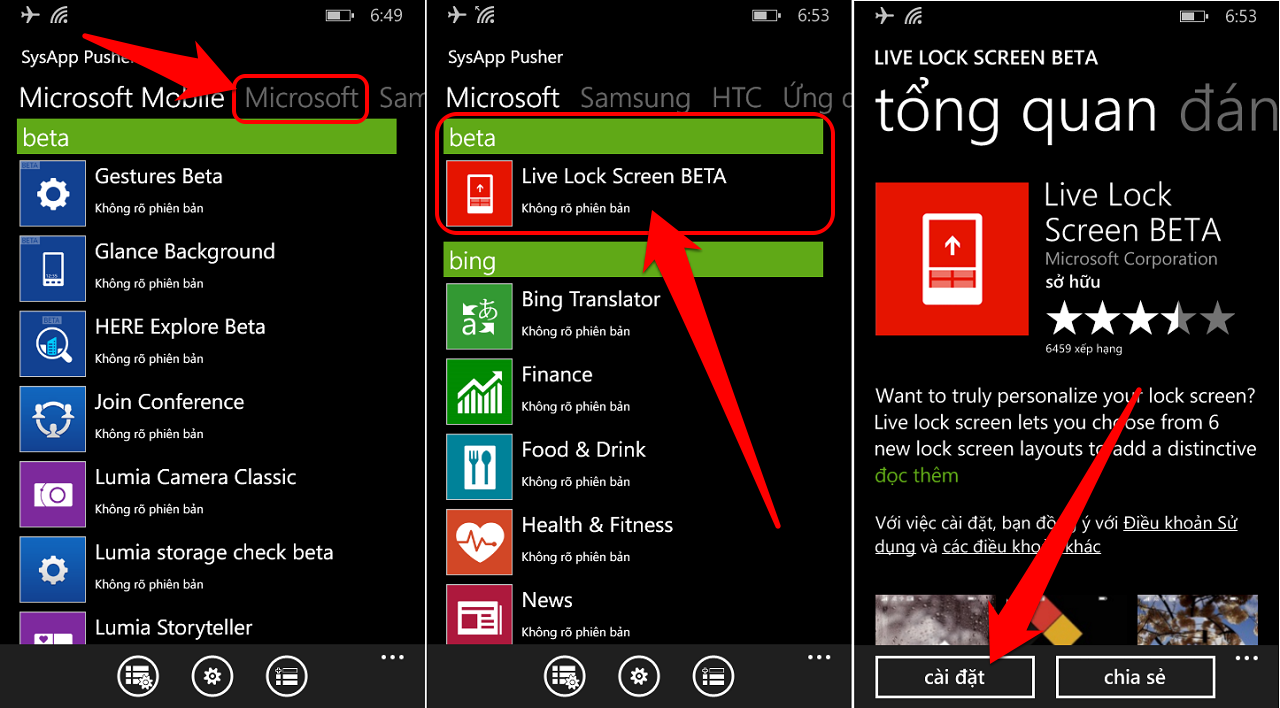 chọn tab Microsoft (phân biệt với tab Microsoft Mobile). Chọn và cài đặt ứng dụng Live Lock Screen BETA.