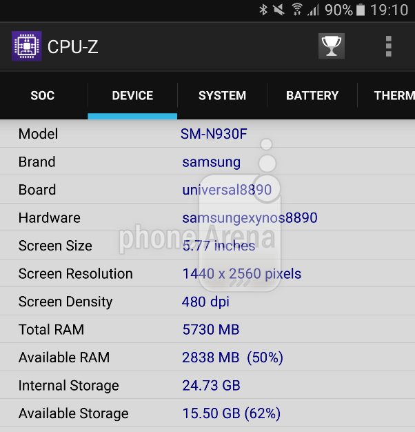 Cấu hình Galaxy Note 6 trên CPU-Z Cấu hình Galaxy Note 6 trên CPU-Z