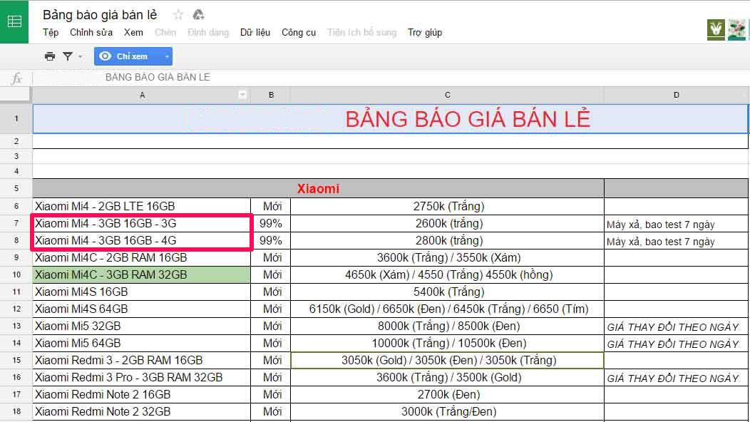 báo giá xiaomi