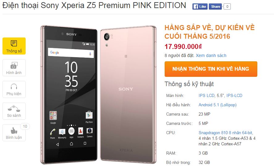 Xperia Z5 Premium màu hồng có giá bán và chuẩn bị lên kệ TGDĐ