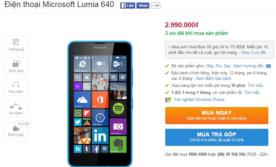 Lumia 640 cũng vừa được hạ giá từ 3.29 xuống còn 2.99 triệu đồng