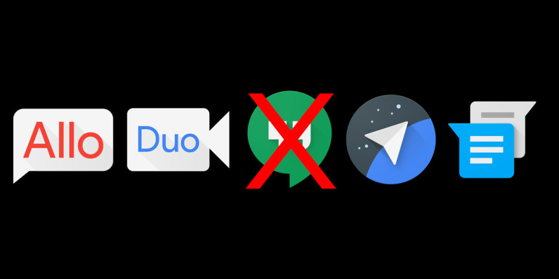  5 ứng dụng chat độc lập là Google Hangouts, Messenger, Allo, Duo và Spaces