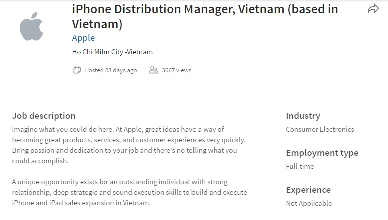 Thông báo tuyển dụng Giám đốc quản lí phân phối iPhone của Apple tại Việt Nam