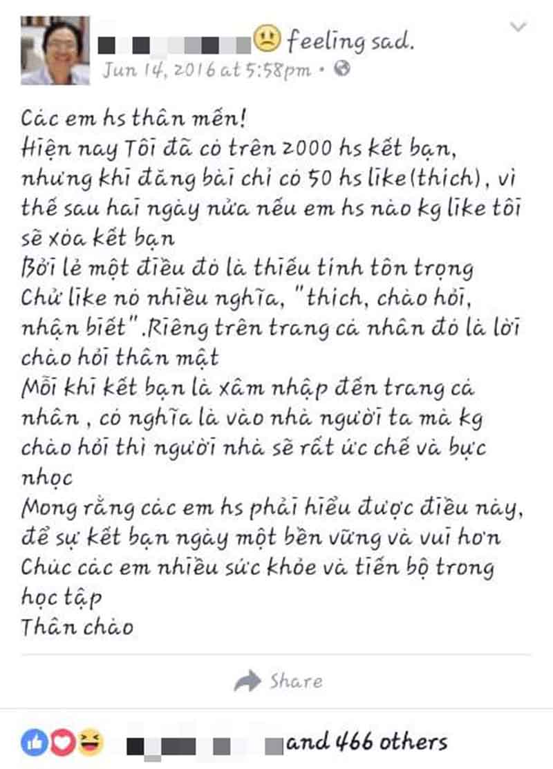 Một giáo viên cho rằng 'không like là thiếu tính tôn trọng', bạn nghĩ sao?