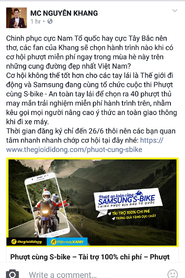 MC Nguyên Khang đăng ký tham dự sự kiện Phượt cùng Samsung S-Bike