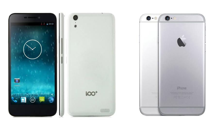 Hình ảnh chiếc điện thoại 100C của Shenzhen Baili (trái) và iPhone 6 của Apple (phải) Hình ảnh chiếc điện thoại 100C của Shenzhen Baili (trái) và iPhone 6 của Apple (phải)