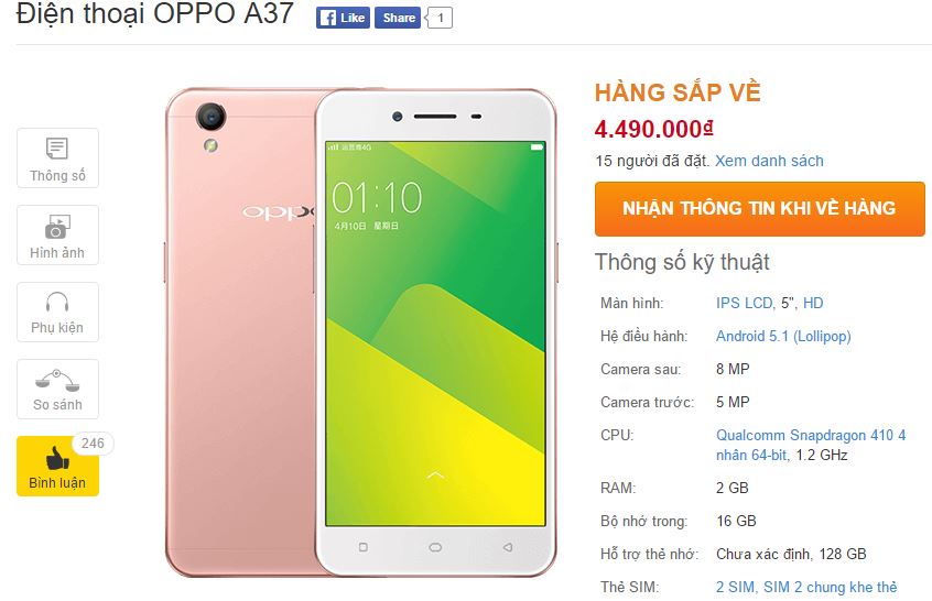 OPPO A37 có giá bán và chuẩn bị lên kệ TGDĐ