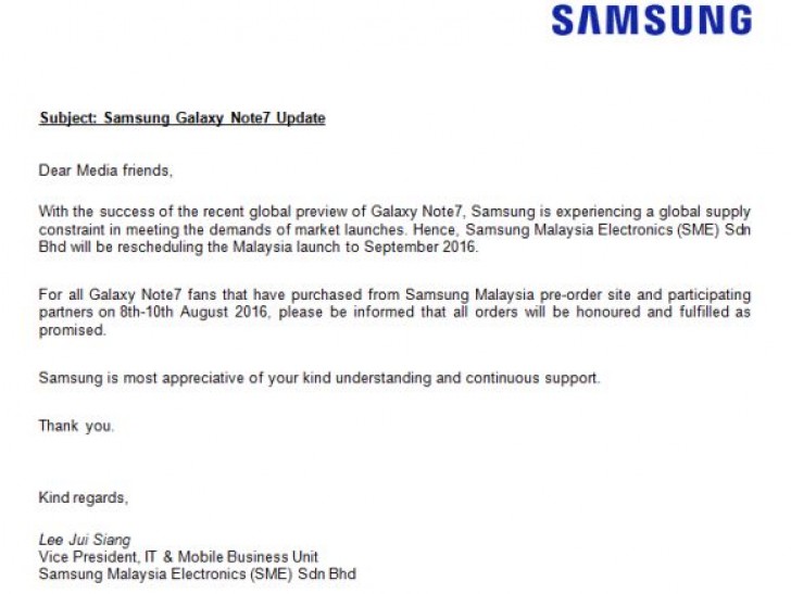 Thư gửi khách hàng của Samsung Malaysia Thư gửi khách hàng của Samsung Malaysia