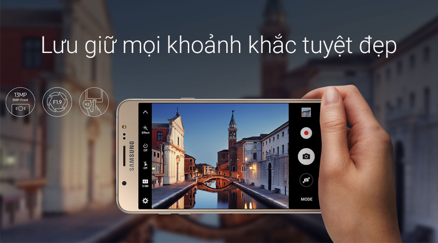 Samsung Galaxy J7 (2016) có camera trước 5 MP + camera sau 13 MP