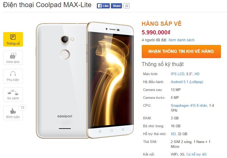 Coolpad Max Lite có giá bán và chuẩn bị lên kệ TGDĐ