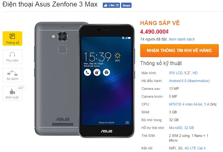 Asus Zenfone 3 Max vỏ kim loại đẹp như J7 Prime sắp về TGDĐ với giá tốt