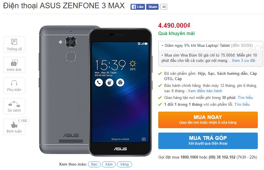 Asus ZenFone 3 Max khung vỏ kim loại, giá tốt chính thức lên kệ TGDĐ