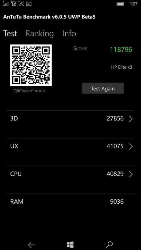 Điểm số sức mạnh của HP Elite X3 chip Snapdragon 820, chạy W10M