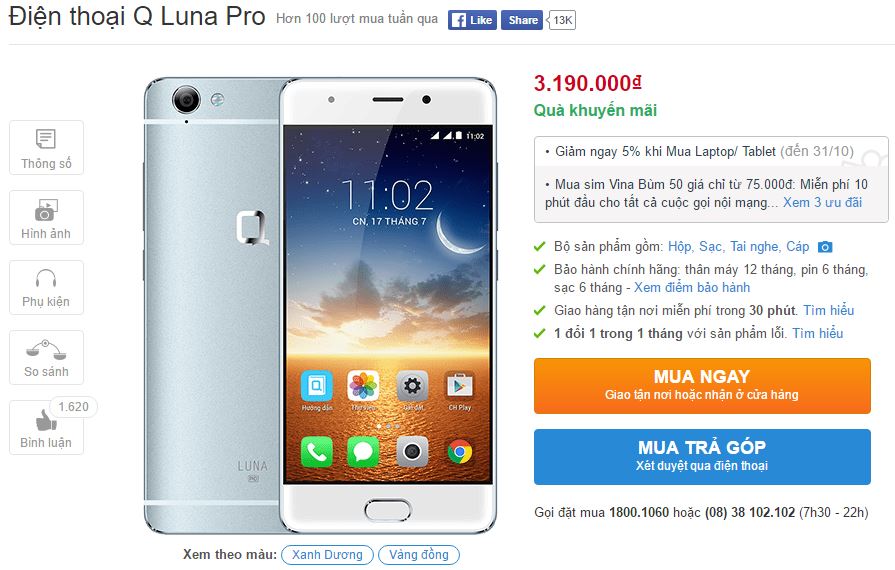 Q Luna Pro thiết kế cực đẹp, USB-C, vân tay, chạy Android 6 tiếp tục giảm giá