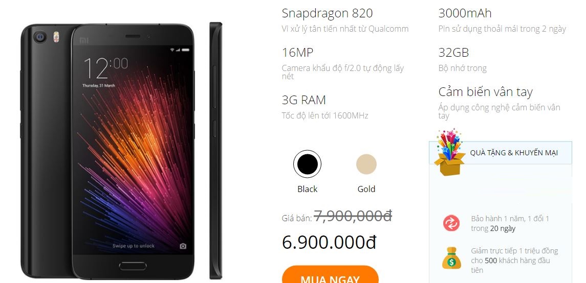 Xiaomi Mi 5 chip Snapdragon 820 mở bán chính hãng tại VN với giá dưới 7 triệu đồng