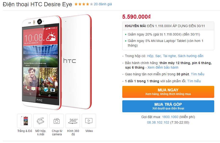 HTC Desire Eye camera selfie 13 MP, có chống nước tiếp tục giảm cả triệu