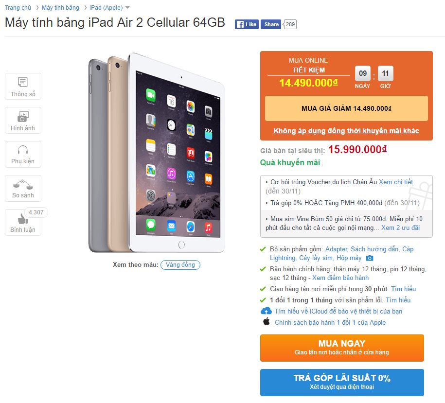 iPad Air 2 Cellular 64GB thiết kế mỏng, nhẹ, chất giảm giá tiền triệu