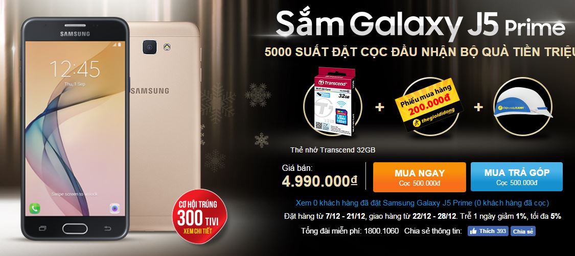 Galaxy J5 Prime chính thức cho phép đặt hàng trước tại TGDĐ