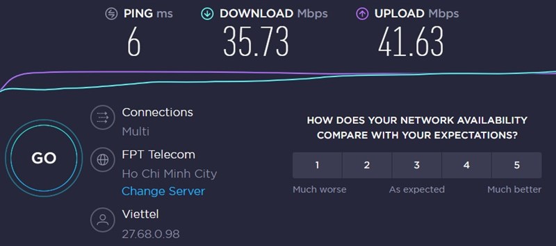 Bạn chờ trong giây lát để Speedtest trả về kết quả kiểm tra internet nhà bạn đang dùng