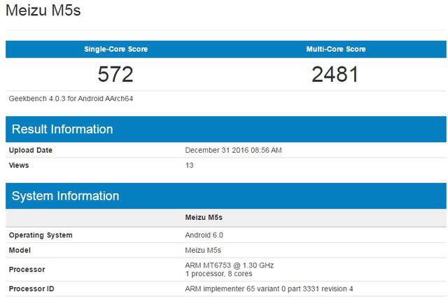 Meizu M5S lộ cấu hình điểm chuẩn trên Geekbench