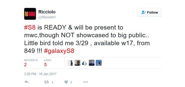 Tweet của @Ricciolo1 tiết lộ về ngày ra mắt, lên kệ và giá bán của Galaxy S8