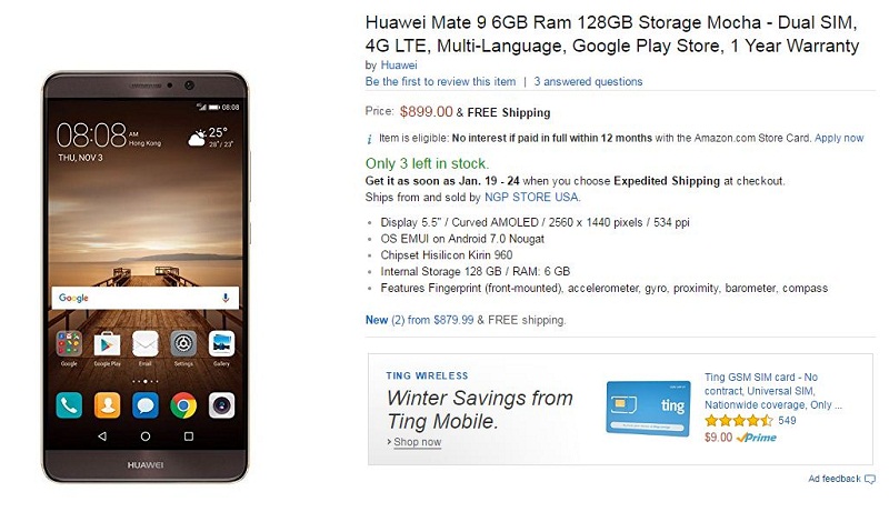 Huawei Mate 9 RAM 6 GB đang được bán trên Amazon Huawei Mate 9 RAM 6 GB đang được bán trên Amazon