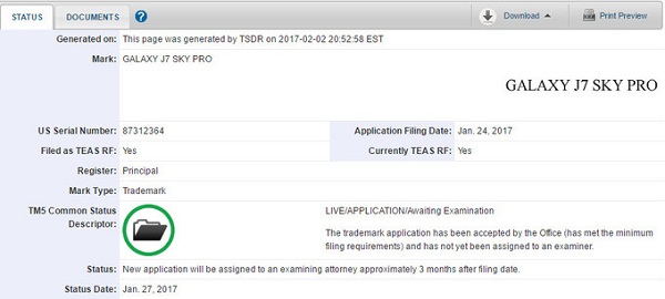 Thông tin về chiếc Galaxy J7 Sky Pro trên USPTO