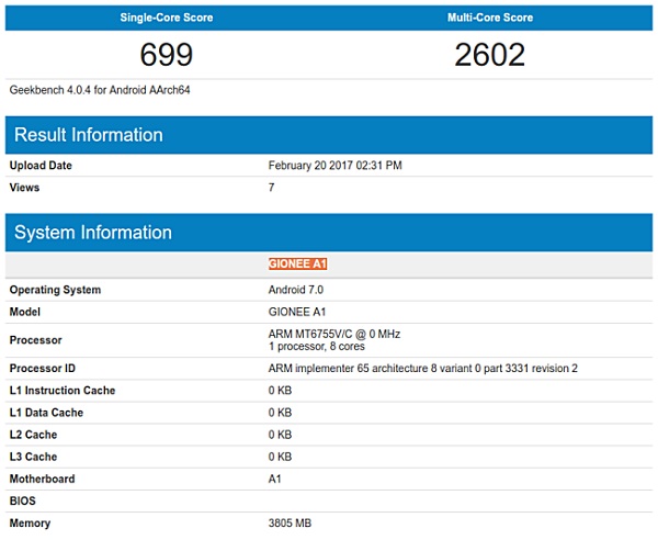 Thông tin của Gionee A1 trên Geekbench 