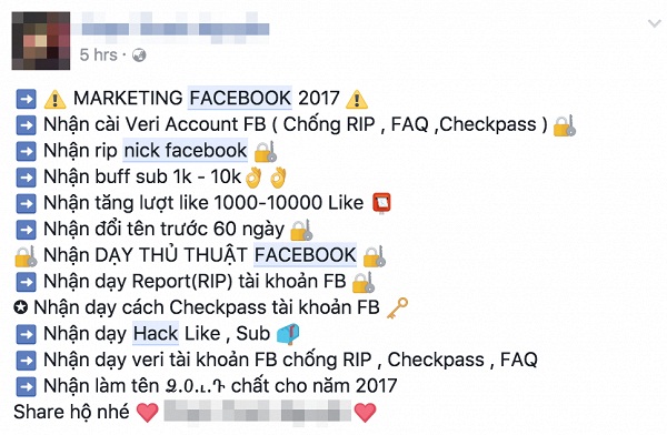 Tràn lan dịch vụ hack tài khoản trên Facebook, công khai quảng cáo mình ăn cắp c Tràn lan dịch vụ hack tài khoản trên Facebook, công khai quảng cáo mình ăn cắp c