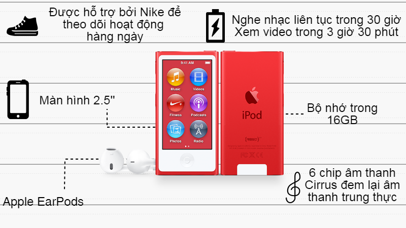 apple iPod Nano apple iPod Nano Red nghe nhạc hay, thiết kế ấn tượng