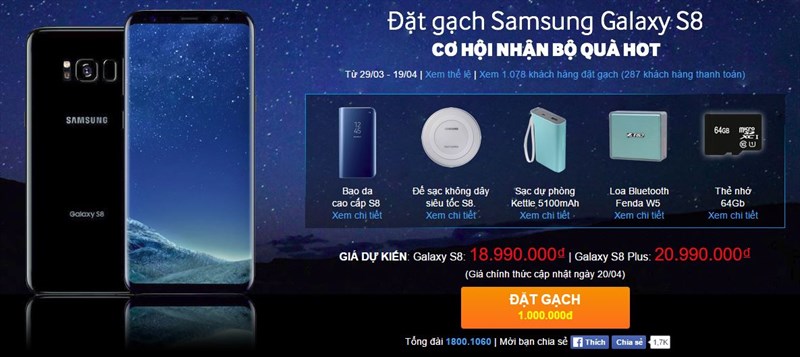 Chỉ trong 1 buổi, Galaxy S8 đã cán mốc 1000 khách hàng đặt trước Chỉ trong 1 buổi, Galaxy S8 đã cán mốc 1000 khách hàng đặt trước