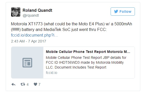 Roland Quandt tiết lộ về Moto E4 Plus trên Twitter