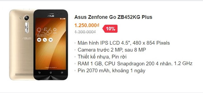 Asus Zenfone Go ZB452KG Plus – giá bán 1.25 triệu đồng