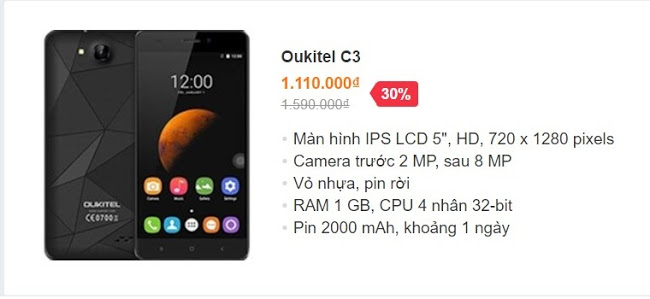 Oukitel C3 – giá bán 1.11 triệu đồng