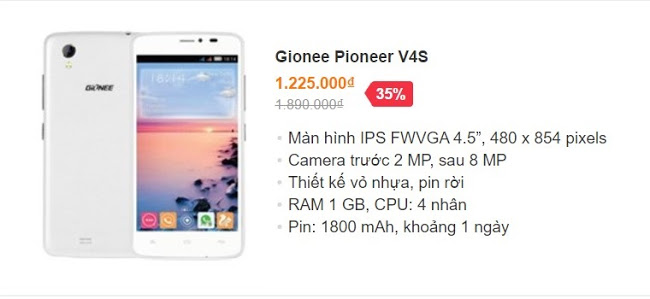 Gionee Pioneer V4S – giá bán 1.225 triệu đồng