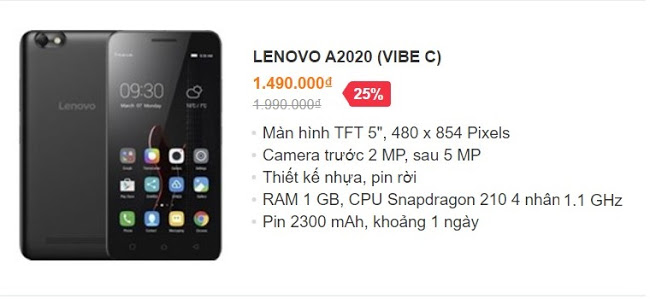  LENOVO A2020 (VIBE C) – giá bán 1.49 triệu đồng