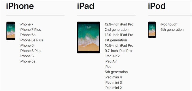 Đây là danh sách thiết bị của Apple được lên đời iOS 11