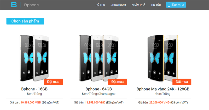 Bảng giá của Bphone trên trang sản phẩm của Bkav