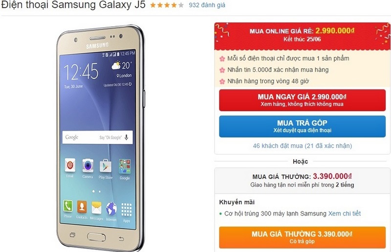 Galaxy J5 hạ giá