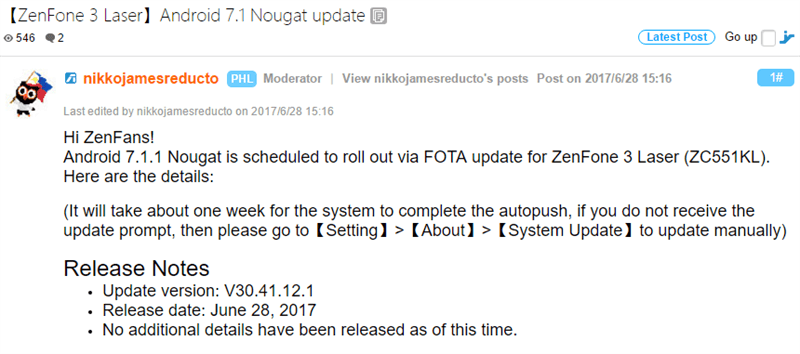 Asus ZenFone 3 Laser chính thức được cập nhật Android 7.1.1 Nougat