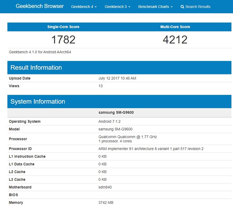 Samsung SM-G9600 dùng chip Snapdragon 840 xuất hiện trên Geekbench: Có phải Galaxy S8 Lite?