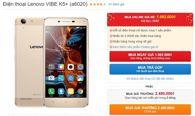 Lenovo VIBE K5+ (a6020) giảm giá Lenovo VIBE K5+ (a6020) giảm giá