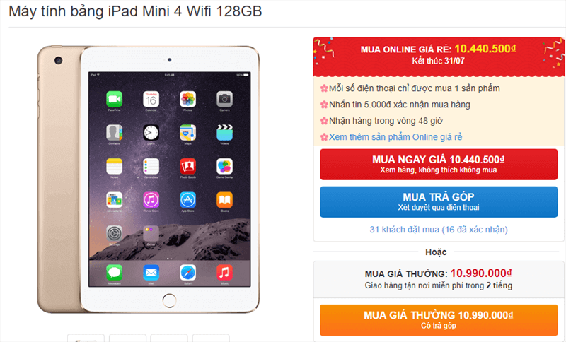 iPad Mini 4 Wifi 128GB giảm giá