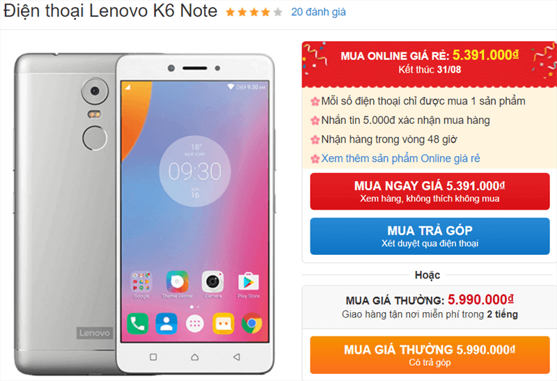 Lenovo K6 Note giảm giá