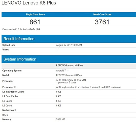 Lenovo K8 Plus với chip 8 nhân, RAM 3GB xuất hiện