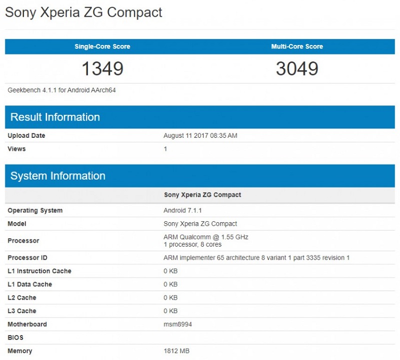 Xperia ZG Compact trên Geekbench